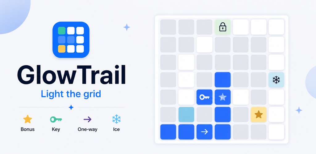 GlowTrail feature graphic showing the app icon, puzzle board, and special tiles