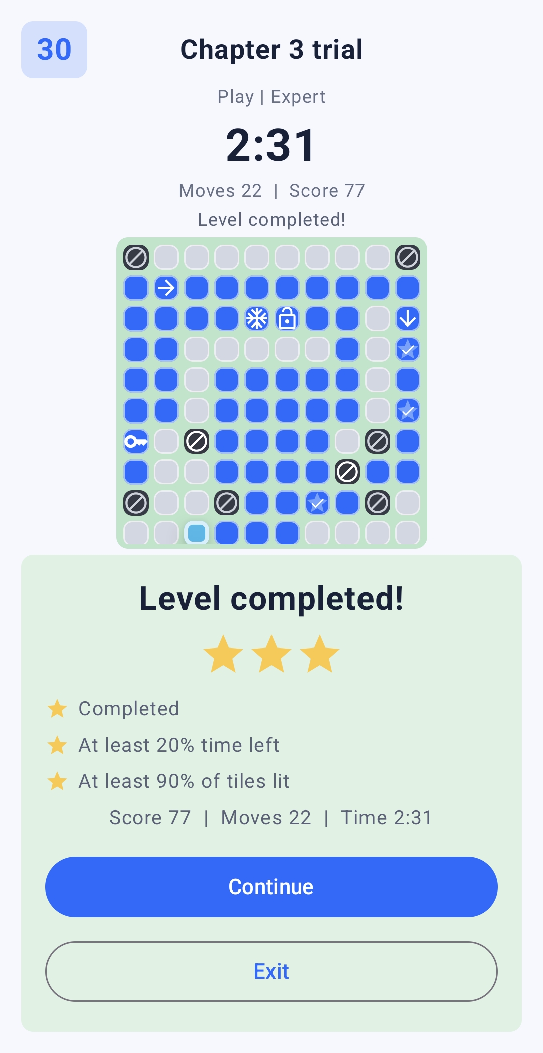 GlowTrail level completed screen with three stars